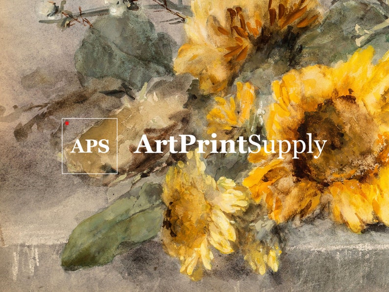 May include: Watercolor painting of sunflowers in full bloom, with vibrant yellow petals and green leaves. The artwork has a soft, painterly style with the text "ArtPrintSupply" visible in the image.
