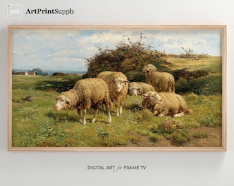 Tableau vintage mouton pour téléviseur à cadre Samsung : prairie de la ferme (téléchargement numérique)