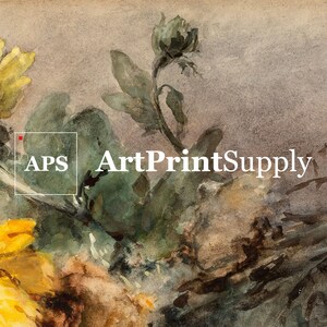 May include: Watercolor painting of yellow flowers and green leaves. The artwork features the text "APS ArtPrintSupply" in white. The painting has a vintage aesthetic with soft colors and visible brushstrokes, evoking a sense of nature.