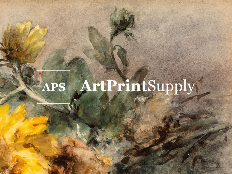 May include: Watercolor painting of yellow flowers and green leaves. The artwork features the text "APS ArtPrintSupply" in white. The painting has a vintage aesthetic with soft colors and visible brushstrokes, evoking a sense of nature.