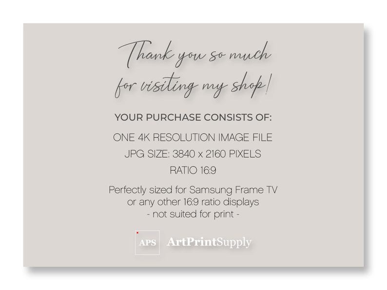 May include: A light beige card with the text "Thank you so much for visiting my shop!" in a handwritten style. The card also states the purchase includes a 4K resolution image file, JPG size 3840 x 2160 pixels, and a 16:9 ratio.