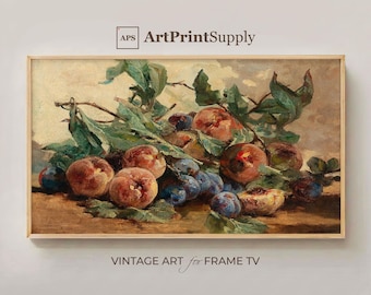 Natureza morta com ameixas e pêssegos: arte vintage em moldura 4K para TV (download digital)