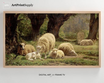 Tableau vintage mouton pour téléviseur à cadre Samsung : oeuvre d'art printanière à la ferme (téléchargement numérique)