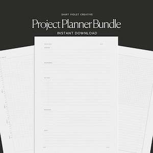 Pode incluir: Um pacote de planejadores de projetos imprimíveis com fundo branco e texto preto. O texto diz "Project Planner Bundle" e "Stay Organized". O planejador inclui páginas para a visão geral do plano do projeto, os entregáveis, as etapas-chave, os marcos e as notas.