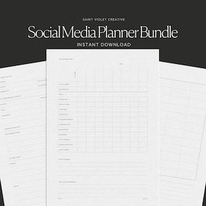 Könnte beinhalten: Ein schwarzes und weißes druckbares Social-Media-Planer-Paket mit dem Text "Social Media Planner Bundle" und "Master Your Social Media" in einer modernen Schriftart. Der Planer enthält eine Social-Media-Analyse, eine Inhaltsanalyse und einen Kalender zur Planung von Beiträgen.