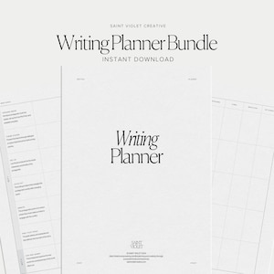 May include: A printable writing planner bundle with the text "Writing Planner Bundle" and "Instant Download" in black text on a white background. The planner includes pages for outlining, brainstorming, and tracking progress.