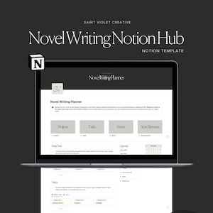 Puede incluir: Una pantalla de computadora portátil que muestra una plantilla de Notion para escribir novelas. La plantilla se titula "Novel Writing Planner" e incluye secciones para proyectos, tareas, notas y elementos de la historia. La plantilla está diseñada para ayudar a los escritores a organizar sus ideas y hacer un seguimiento de su progreso.