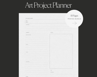 May include: A printable art project planner with 10 pages. The planner includes sections for title, series, overview, elements, sketch, notes, and materials.