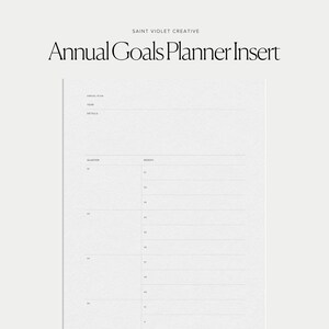 May include: A printable annual goals planner insert with a simple design. The insert is divided into quarters and months, with space for writing down goals and details. The text "Annual Goals Planner Insert" is at the top of the page.