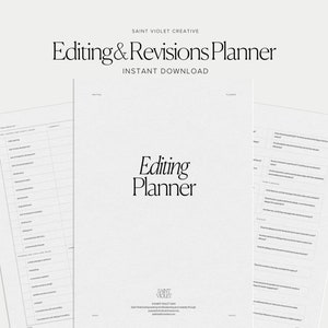 Puede incluir: Un planificador imprimible en blanco y negro diseñado para escritores para ayudarlos a editar y revisar su trabajo. El planificador incluye secciones para editar, revisar y realizar un seguimiento de las revisiones. El texto en el planificador dice "Editing & Revisions Planner" y "Designed for Writers".