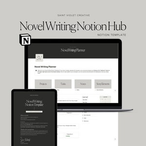 Könnte beinhalten: Eine digitale Notion-Vorlage für das Schreiben von Romanen, dargestellt auf einem Laptop und Tablet. Die Bildschirme zeigen die Benutzeroberfläche "Novel Writing Planner" mit Abschnitten für Projekte, Aufgaben, Notizen und Story-Elemente. Enthält Canva-Vorlagen und eine Schnellstartanleitung.