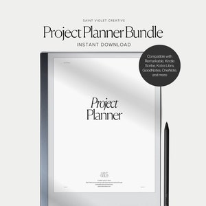 May include: A digital project planner bundle for use with e-readers and tablets. The image shows a mockup of a digital planner on a tablet screen with the text "Project Planner" and a stylus. The text "Compatible with Remarkable, Kindle Scribe, Kobo Libra, GoodNotes, OneNote, and more" is also included.