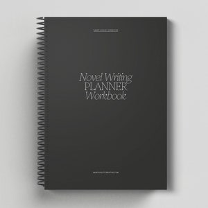 May include: A black spiral bound notebook with the text "Novel Writing PLANNER Workbook" in white. The notebook has the website "saintvioletcreative.com" printed on the bottom.