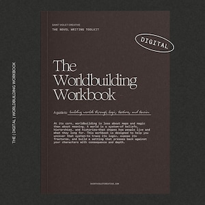 May include: A digital workbook titled "The Worldbuilding Workbook" with a dark brown cover. The cover features the title in a large, elegant font, with the text "DIGITAL" in a white oval. The workbook is designed to help writers build worlds.