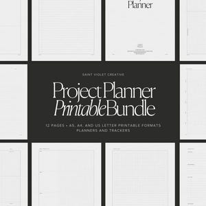 May include: A printable project planner bundle with 12 pages in A5, A4, and US Letter sizes. The bundle includes planners and trackers. The text "Project Planner Printable Bundle" is in a bold, sans-serif font.