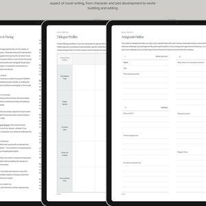 May include: A workbook with three pages showing sections for character development, dialogue profiles, and antagonist outlines. The workbook is titled "Focused Sections" and is designed to help writers develop their novels.