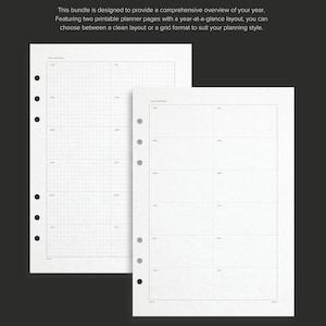 Year-at-a-Glance Grid Layout Annual Planner Bundle Printable A5 Inserts ADHD Planner Perpetual Calendar