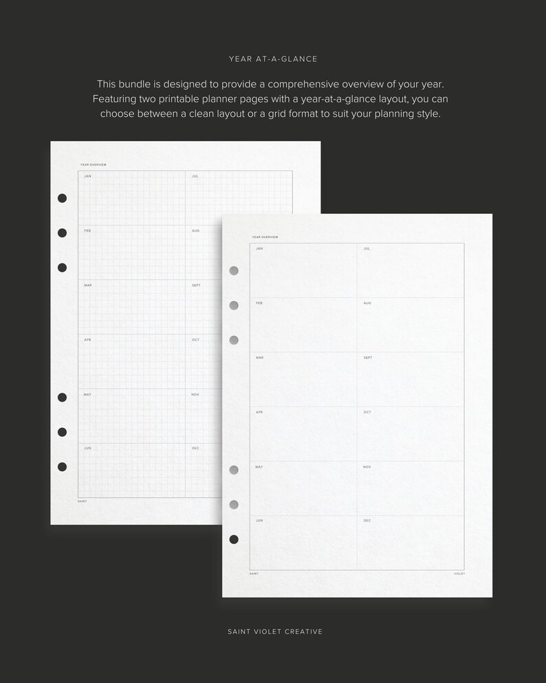 Year-at-a-Glance Grid Layout Annual Planner Bundle Printable A5 Inserts ADHD Planner Perpetual Calendar