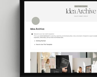 May include: A laptop computer screen displaying a website with the title "Idea Archive" and a description of a creative repository for capturing, organizing, and developing ideas. The website is designed to support a sustainable creative process.