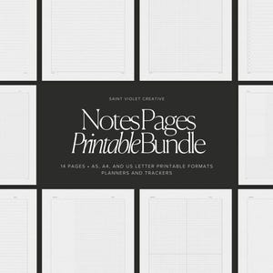 Op de afbeelding: Een printbare bundel met 14 lege notitiepagina's in de formaten A5, A4 en US Letter. De pagina's zijn ontworpen voor planners en trackers en hebben gestreepte, geruite en lege lay-outs.