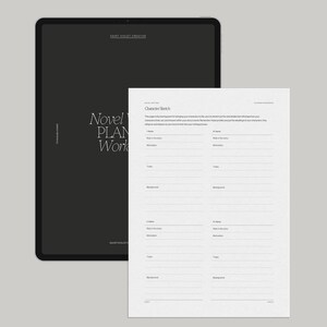 May include: A black and white printable worksheet for novel planning. The worksheet is titled "Character Sketch" and includes sections for character name, role in the story, motivation, traits, and background.