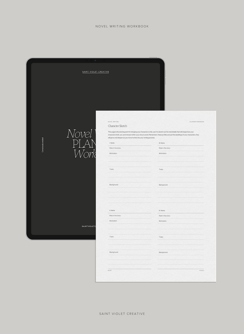 May include: A black and white printable worksheet for novel planning. The worksheet is titled "Character Sketch" and includes sections for character name, role in the story, motivation, traits, and background.