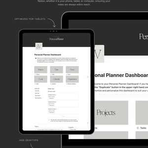 Puede incluir: Una captura de pantalla de una pantalla de computadora que muestra un tablero de planificaci&oacute;n personal con secciones para proyectos, tareas, notas, objetivos, calendario y organizaci&oacute;n. El tablero est&aacute; dise&ntilde;ado para ser utilizado en m&uacute;ltiples dispositivos, incluyendo tabletas y computadoras de escritorio. El texto "Personal Planner Dashboard" se muestra en la parte superior de la pantalla.