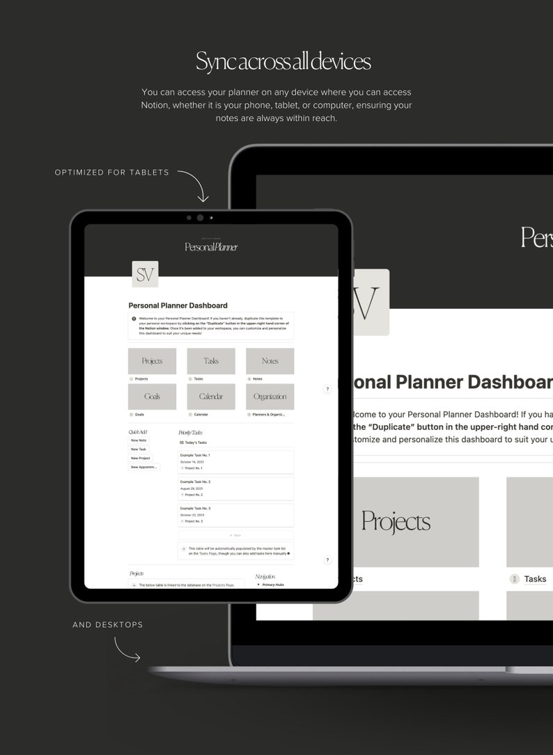 Puede incluir: Una captura de pantalla de una pantalla de computadora que muestra un tablero de planificaci&oacute;n personal con secciones para proyectos, tareas, notas, objetivos, calendario y organizaci&oacute;n. El tablero est&aacute; dise&ntilde;ado para ser utilizado en m&uacute;ltiples dispositivos, incluyendo tabletas y computadoras de escritorio. El texto "Personal Planner Dashboard" se muestra en la parte superior de la pantalla.