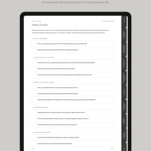 May include: A digital planner workbook with a checklist titled "Setting Checklist" for novel writing. The checklist includes sections for physical environment, culture and social structure, economic and political context, technology and magic, time period and accuracy, and historical fact-checking.