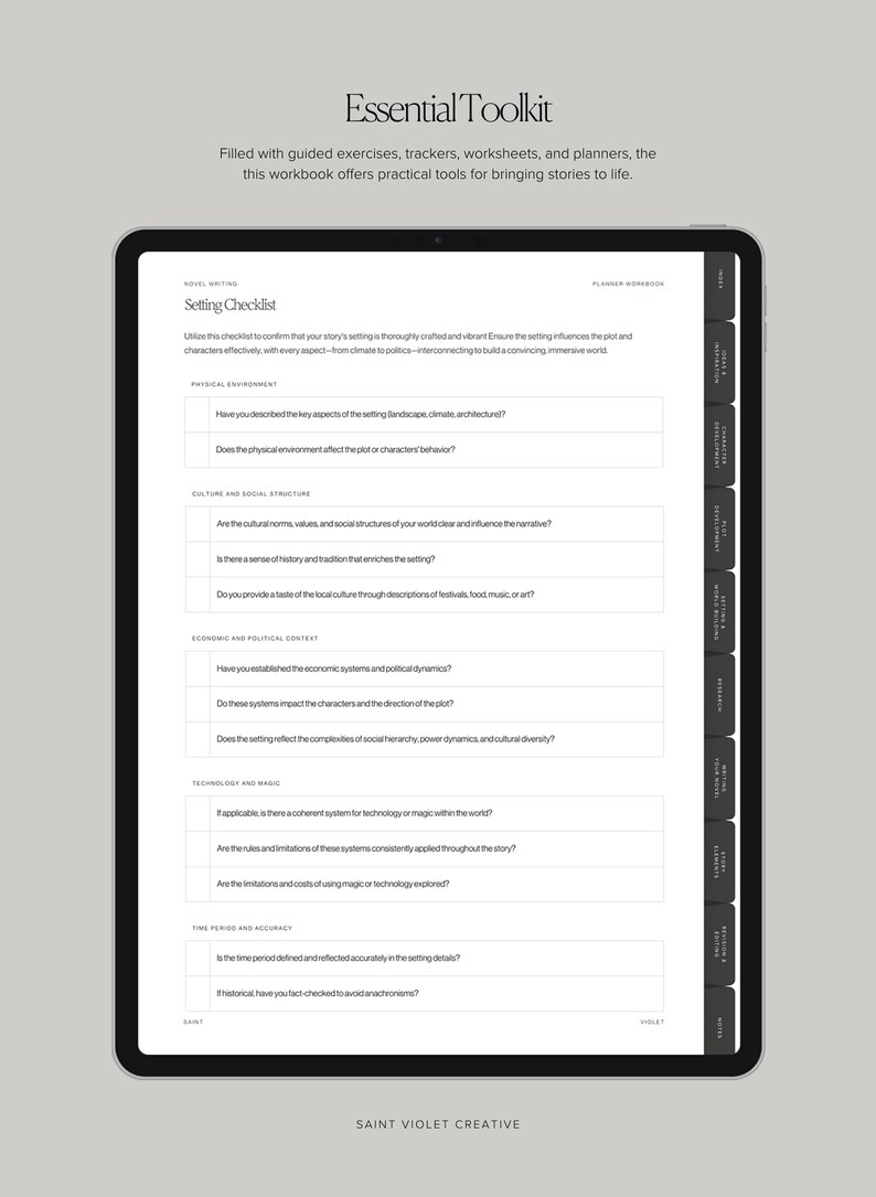 May include: A digital planner workbook with a checklist titled "Setting Checklist" for novel writing. The checklist includes sections for physical environment, culture and social structure, economic and political context, technology and magic, time period and accuracy, and historical fact-checking.