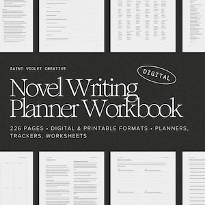 Peut inclure: Un planificateur de roman numérique avec 226 pages, formats numériques et imprimables. La couverture affiche "Novel Writing Planner Workbook" et "Digital". Comprend des planificateurs, des trackers et des feuilles de calcul.