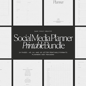 May include: A printable social media planner bundle with 24 pages in A5, A4, and US letter sizes. The bundle includes planners and trackers for social media management.