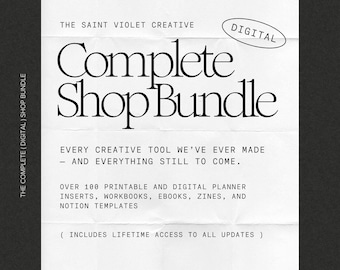 Paquete digital completo de la tienda con insertos de planificador imprimibles, plantillas de Notion, cuadernos de escritura, fanzines, planificadores digitales, impresiones y plantillas de Canva.