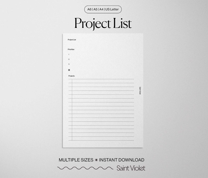 Project list printable project management template a6 a5 etsy