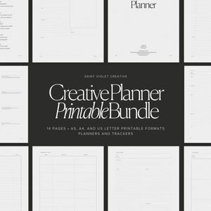 May include: A black and white image of a printable planner bundle. The text "Creative Planner Printable Bundle" is in large, bold letters. The text "14 Pages - A5, A4, and US Letter Printable Formats Planners and Trackers" is in smaller letters below the title.