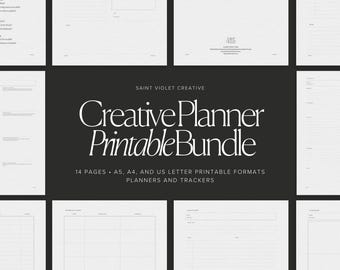 May include: A black and white image of a printable planner bundle. The text "Creative Planner Printable Bundle" is in large, bold letters. The text "14 Pages - A5, A4, and US Letter Printable Formats Planners and Trackers" is in smaller letters below the title.