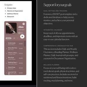 Puede incluir: La pantalla de un ordenador port&aacute;til que muestra un sitio web con el texto "Support for your goals" y una lista de funciones que incluyen el establecimiento de objetivos, un calendario, la organizaci&oacute;n y la planificaci&oacute;n del bienestar.