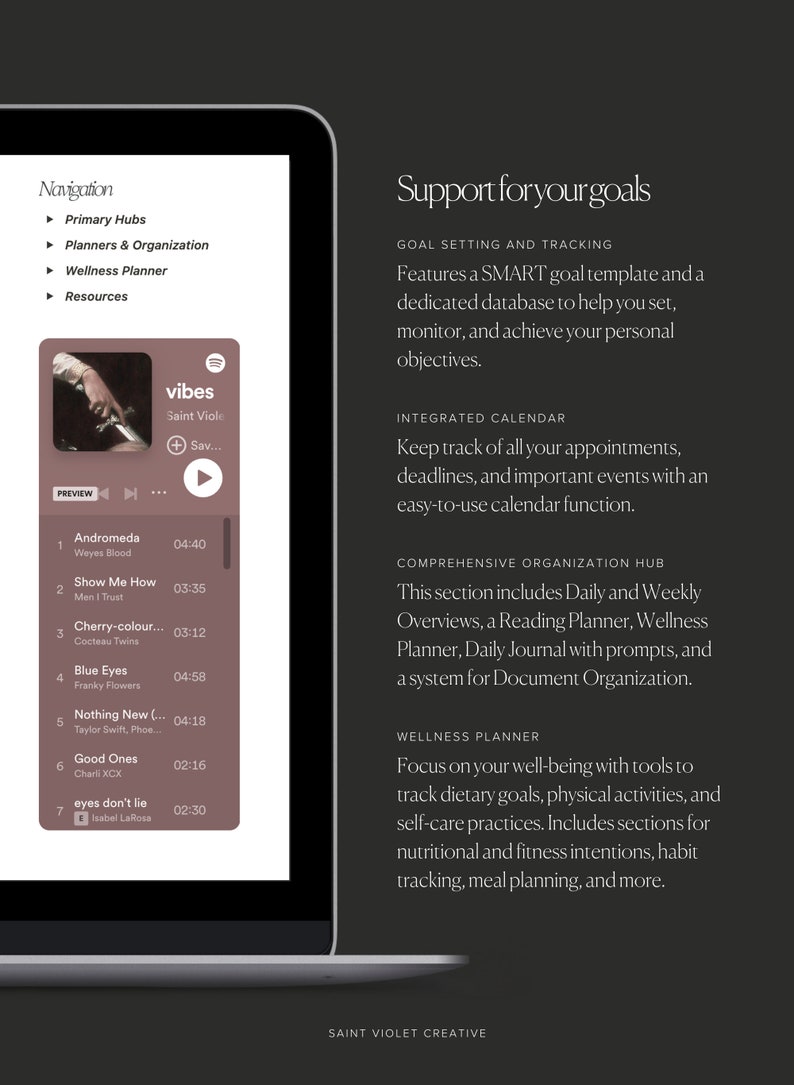Puede incluir: La pantalla de un ordenador port&aacute;til que muestra un sitio web con el texto "Support for your goals" y una lista de funciones que incluyen el establecimiento de objetivos, un calendario, la organizaci&oacute;n y la planificaci&oacute;n del bienestar.