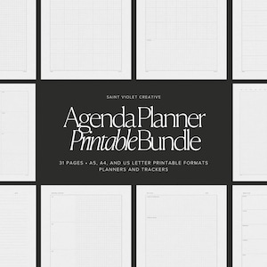 Puede incluir: Un paquete de planificadores de agenda imprimibles con 31 páginas en tamaños A5, A4 y US Letter. La portada presenta un diseño en blanco y negro con el texto "Agenda Planner Printable Bundle" y "SAINT VIOLET CREATIVE".