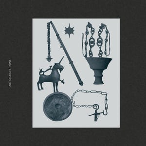 May include: A collection of dark gray art objects, including a unicorn statue, a star, a chain, a decorative plate, and a hanging incense burner. The text "ART OBJECTS PRINT" and "SAINT VIOLET CREATIVE" are also visible.