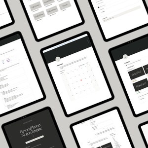 Puede incluir: Una plantilla de planificador digital para Notion, con un dise&ntilde;o en blanco y negro. La plantilla incluye secciones para planificadores y organizaci&oacute;n, un calendario y proyectos. El texto "Personal Planner Notion Template" se muestra en la parte superior de la p&aacute;gina.