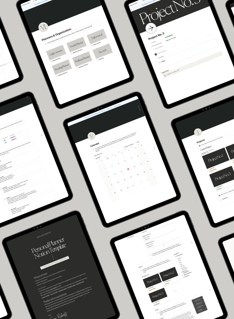 Puede incluir: Una plantilla de planificador digital para Notion, con un dise&ntilde;o en blanco y negro. La plantilla incluye secciones para planificadores y organizaci&oacute;n, un calendario y proyectos. El texto "Personal Planner Notion Template" se muestra en la parte superior de la p&aacute;gina.
