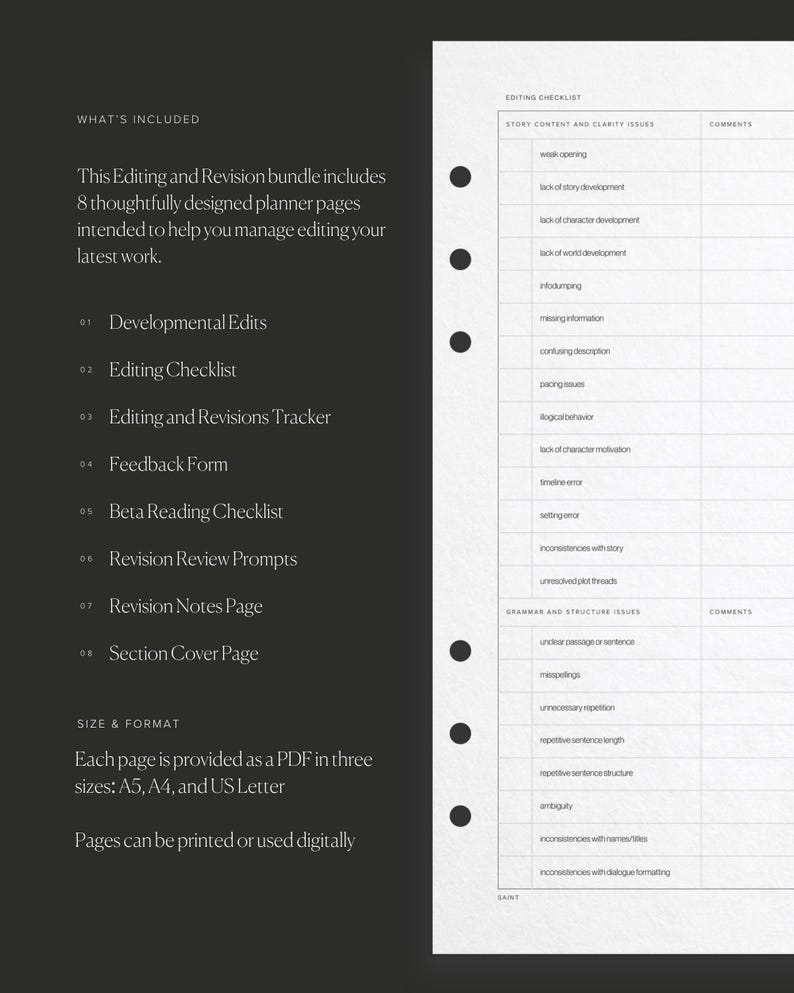Novel Writing Editing Checklist Planner for Author Planner Plot a Novel ...