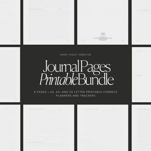 Op de afbeelding: Een printbare bundel met journal pagina's met 6 pagina's in de formaten A5, A4 en US Letter. De pagina's zijn blanco met lijnen en roosters om te schrijven en aantekeningen te maken. De tekst "Journal Pages Printable Bundle" staat in een vetgedrukt, sans-serif lettertype.