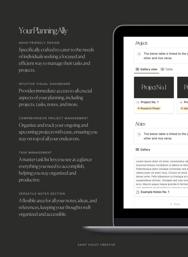 Puede incluir: La pantalla de un ordenador port&aacute;til que muestra un sitio web con el texto "Your Planning Ally" y una descripci&oacute;n de las caracter&iacute;sticas del sitio web, que incluyen un dise&ntilde;o amigable para el TDAH, un panel de control visual intuitivo, una gesti&oacute;n de proyectos completa, una gesti&oacute;n de tareas y una secci&oacute;n de notas vers&aacute;til. El sitio web est&aacute; dise&ntilde;ado para ayudar a los usuarios a gestionar sus tareas y proyectos.