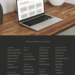 Puede incluir: Una pantalla de computadora port&aacute;til que muestra una lista de categor&iacute;as de planificaci&oacute;n y organizaci&oacute;n, que incluyen Panel de control, Centro de notas, Centro de proyectos, Centro de tareas, Centro de organizaci&oacute;n, Centro de objetivos y Planificador de bienestar. El texto "CONTENIDO COMPLETO DE LA PLANTILLA" se muestra en la parte superior de la pantalla.