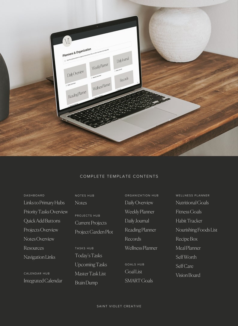 Puede incluir: Una pantalla de computadora port&aacute;til que muestra una lista de categor&iacute;as de planificaci&oacute;n y organizaci&oacute;n, que incluyen Panel de control, Centro de notas, Centro de proyectos, Centro de tareas, Centro de organizaci&oacute;n, Centro de objetivos y Planificador de bienestar. El texto "CONTENIDO COMPLETO DE LA PLANTILLA" se muestra en la parte superior de la pantalla.