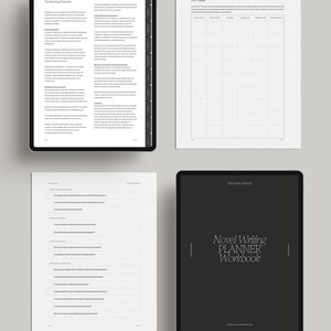 May include: A black and white digital planner workbook for novel writing. The cover features the text "Novel Writing Planner Workbook" in a white sans-serif font.