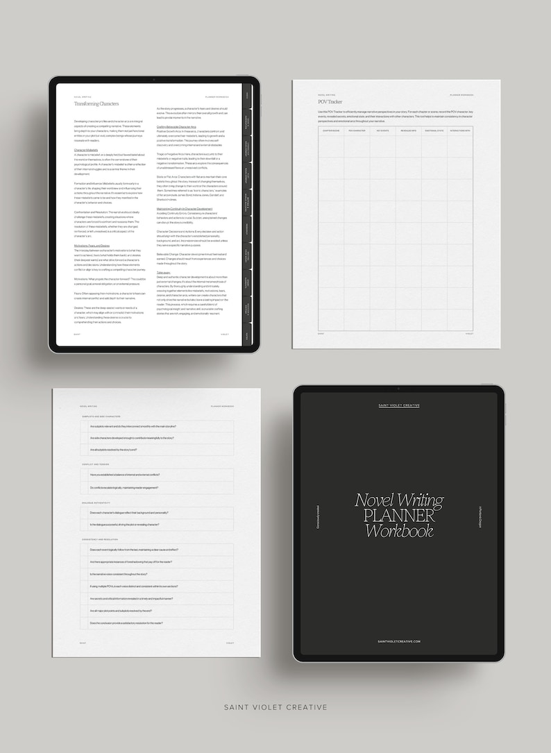 May include: A black and white digital planner workbook for novel writing. The cover features the text "Novel Writing Planner Workbook" in a white sans-serif font.