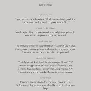 May include: A white and gray graphic with the text "How it works" in black. The graphic describes the process of purchasing a novel writing workbook, which is available in digital and printable formats. The workbook is compatible with PDF annotation apps such as GoodNotes and Notability. The graphic also includes contact information for Saint Violet Creative.